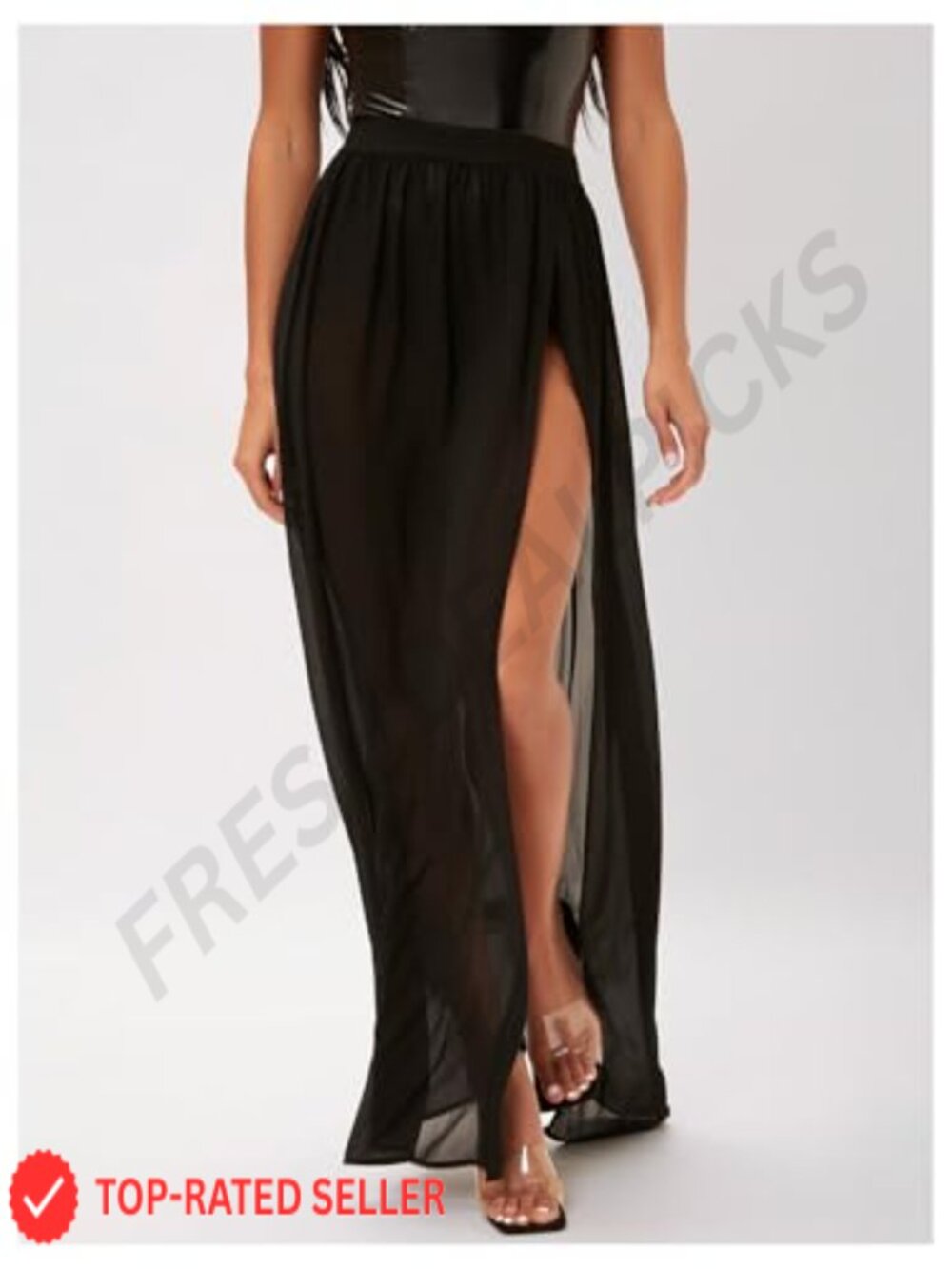 Mesh Sheer Ruffle Maxi Skirt High Waist See Through Thigh Split Long - Picture 3 of 5